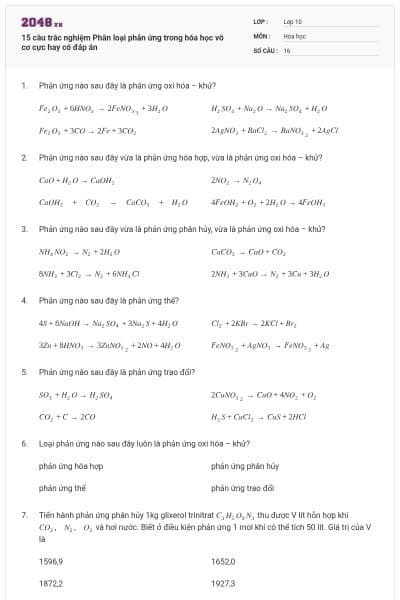 15 câu trắc nghiệm Phân loại phản ứng trong hóa học vô cơ cực hay có đáp án