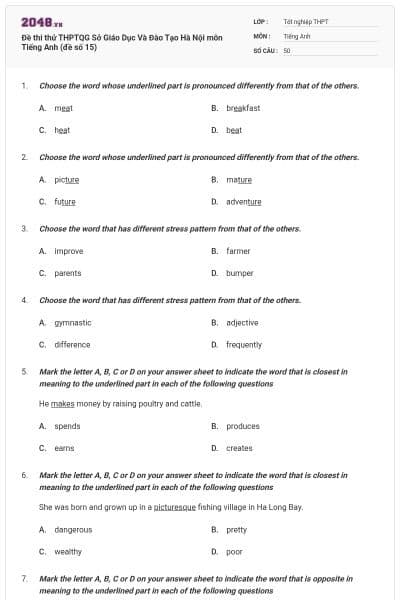 Đề thi thử THPTQG Sở Giáo Dục Và Đào Tạo Hà Nội môn Tiếng Anh (đề số 15)