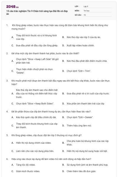 15 câu trắc nghiệm Tin 9 Chân trời sáng tạo Bài 8b có đáp án