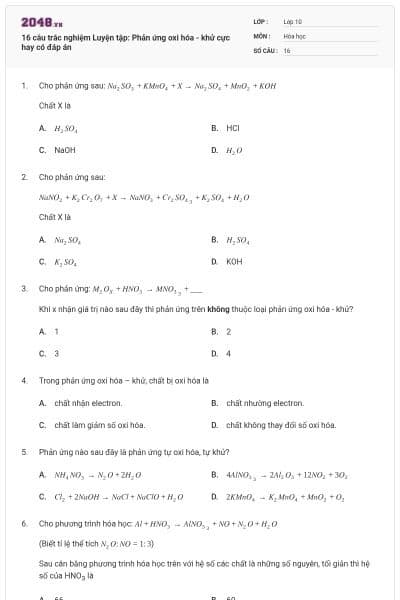 16 câu trắc nghiệm Luyện tập: Phản ứng oxi hóa - khử cực hay có đáp án