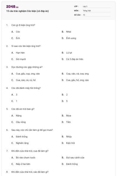 15 câu trắc nghiệm Cóc kiện (có đáp án)