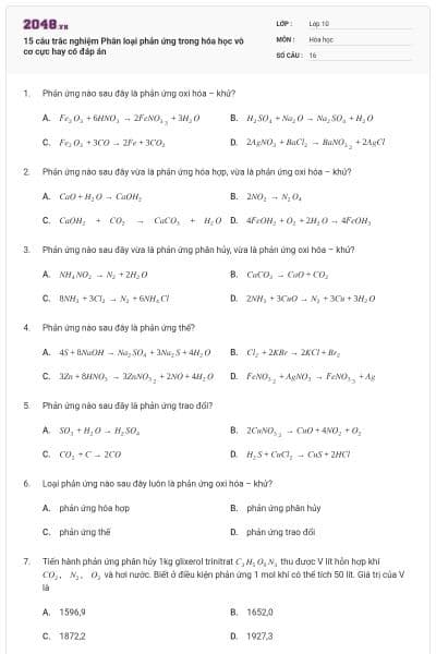 15 câu trắc nghiệm Phân loại phản ứng trong hóa học vô cơ cực hay có đáp án