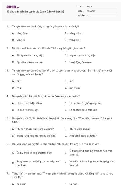 13 câu trắc nghiệm Luyện tập (trang 21) (có đáp án)