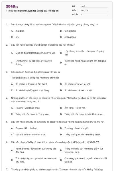 11 câu trắc nghiệm Luyện tập (trang 29) (có đáp án)