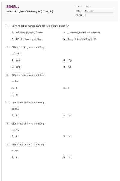 6 câu trắc nghiệm Viết trang 34 (có đáp án)