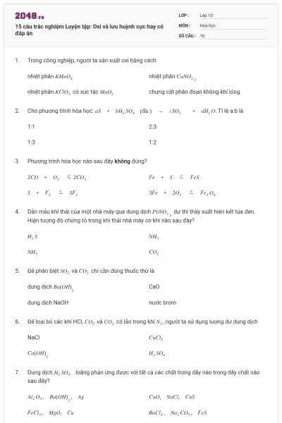 15 câu trắc nghiệm Luyện tập: Oxi và lưu huỳnh cực hay có đáp án