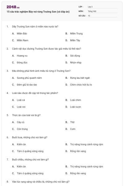 15 câu trắc nghiệm Bầy voi rừng Trường Sơn (có đáp án)