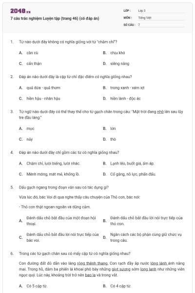 7 câu trắc nghiệm Luyện tập (trang 46) (có đáp án)