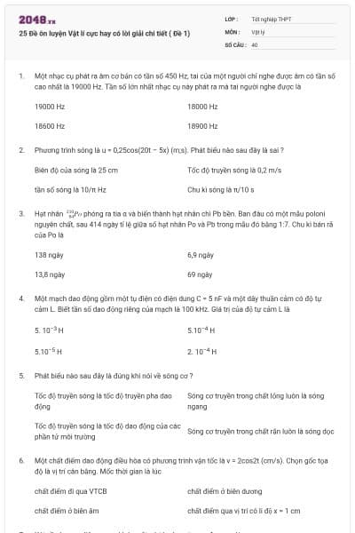 25 Đề ôn luyện Vật lí cực hay có lời giải chi tiết ( Đề 1)