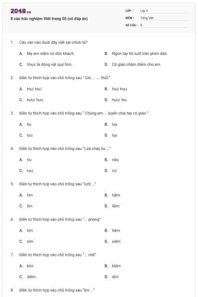 8 câu trắc nghiệm Viết trang 50 (có đáp án)