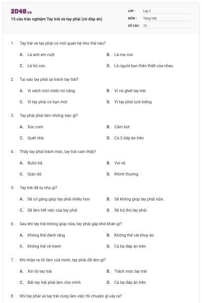 15 câu trắc nghiệm Tay trái và tay phải (có đáp án)