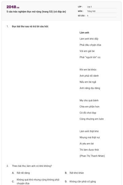 5 câu trắc nghiệm Đọc mở rộng (trang 53) (có đáp án)