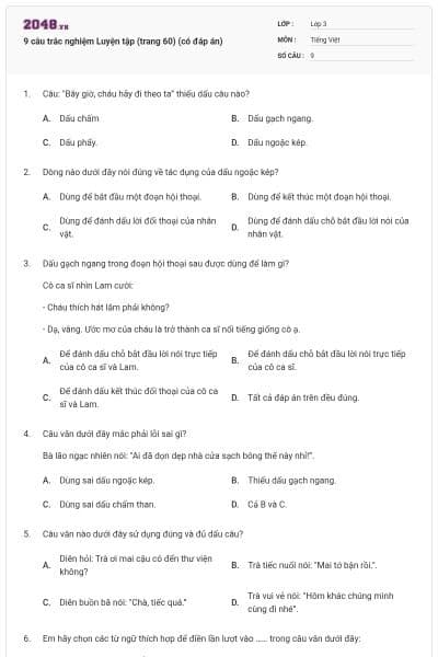 9 câu trắc nghiệm Luyện tập (trang 60) (có đáp án)