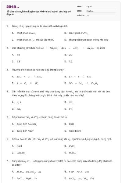 15 câu trắc nghiệm Luyện tập: Oxi và lưu huỳnh cực hay có đáp án