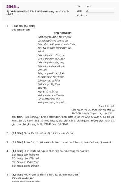 Bộ 10 đề thi cuối kì 2 Văn 12 Chân trời sáng tạo có đáp án - Đề 2