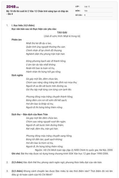 Bộ 10 đề thi cuối kì 2 Văn 12 Chân trời sáng tạo có đáp án - Đề 4