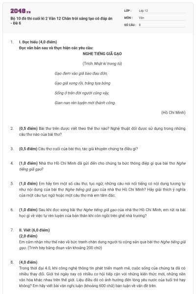 Bộ 10 đề thi cuối kì 2 Văn 12 Chân trời sáng tạo có đáp án - Đề 6