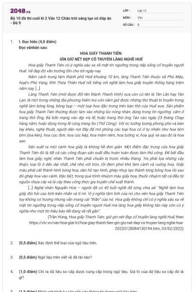 Bộ 10 đề thi cuối kì 2 Văn 12 Chân trời sáng tạo có đáp án - Đề 9