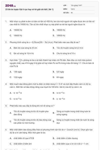 25 Đề ôn luyện Vật lí cực hay có lời giải chi tiết ( Đề 1)
