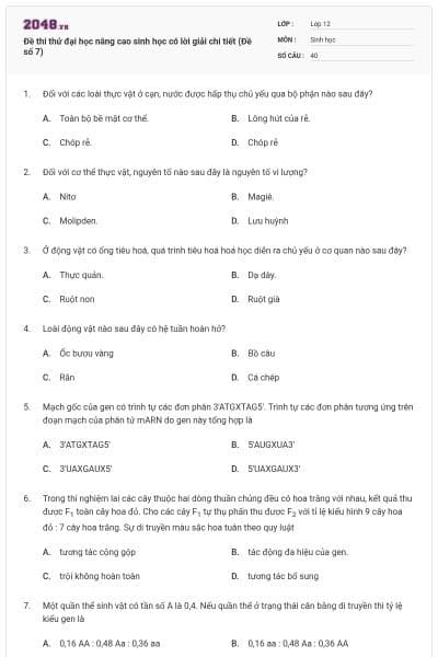Đề thi thử đại học nâng cao sinh học có lời giải chi tiết (Đề số 7)