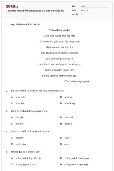 7 câu trắc nghiệm Ôn tập giữa học kì 2 Tiết 5 (có đáp án)