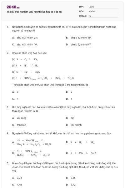 15 câu trắc nghiệm Lưu huỳnh cực hay có đáp án
