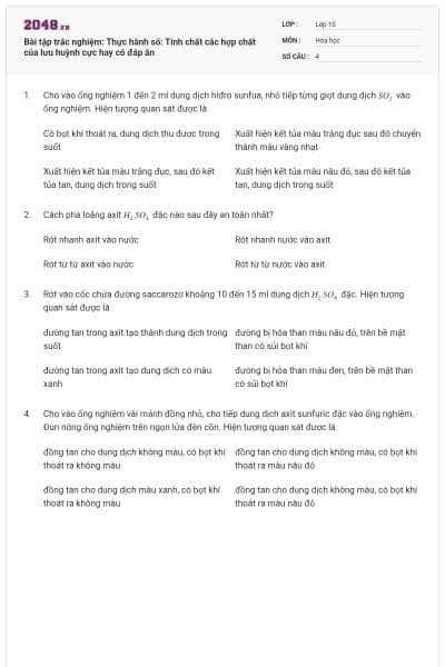 Bài tập trắc nghiệm: Thực hành số: Tính chất các hợp chất của lưu huỳnh cực hay có đáp án