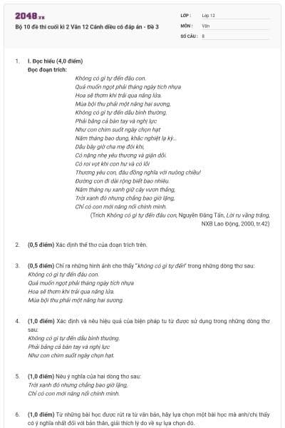 Bộ 10 đề thi cuối kì 2 Văn 12 Cánh diều có đáp án - Đề 3