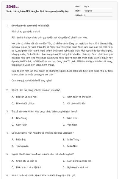 5 câu trắc nghiệm Nói và nghe: Quê hương em (có đáp án)