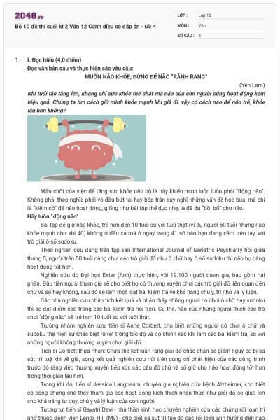 Bộ 10 đề thi cuối kì 2 Văn 12 Cánh diều có đáp án - Đề 4