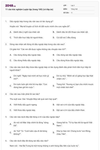 11 câu trắc nghiệm Luyện tập (trang 100) (có đáp án)