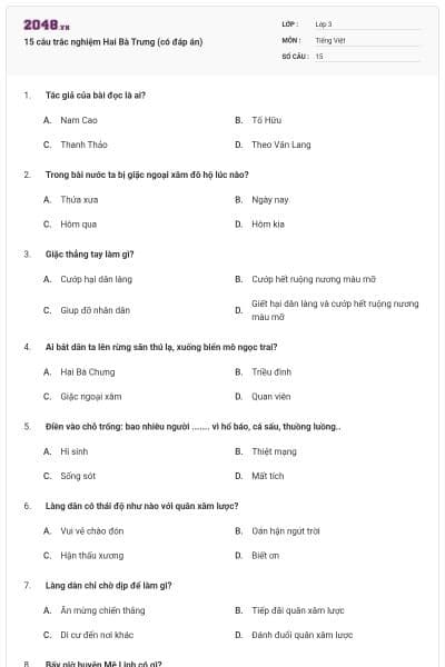 15 câu trắc nghiệm Hai Bà Trưng (có đáp án)