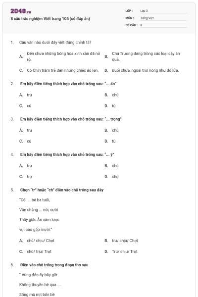 8 câu trắc nghiệm Viết trang 105 (có đáp án)
