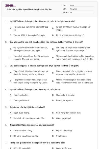 15 câu trắc nghiệm Ngọn lửa Ô-lim-pích (có đáp án)