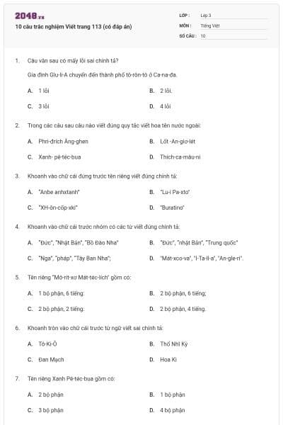 10 câu trắc nghiệm Viết trang 113 (có đáp án)
