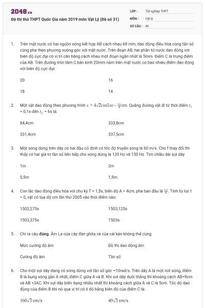 Đề thi thử THPT Quốc Gia năm 2019 môn Vật Lý (Đề số 31)