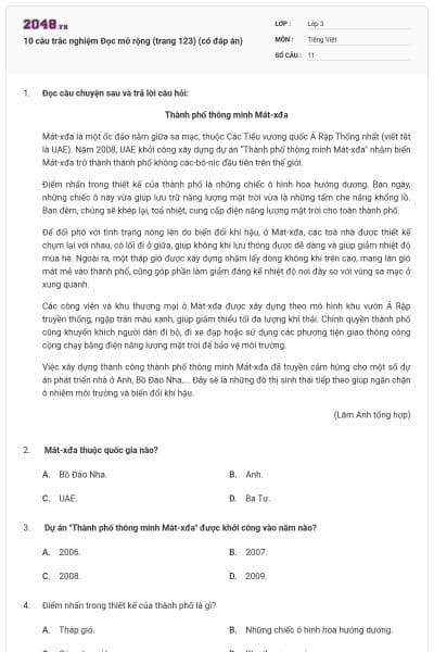 10 câu trắc nghiệm Đọc mở rộng (trang 123) (có đáp án)