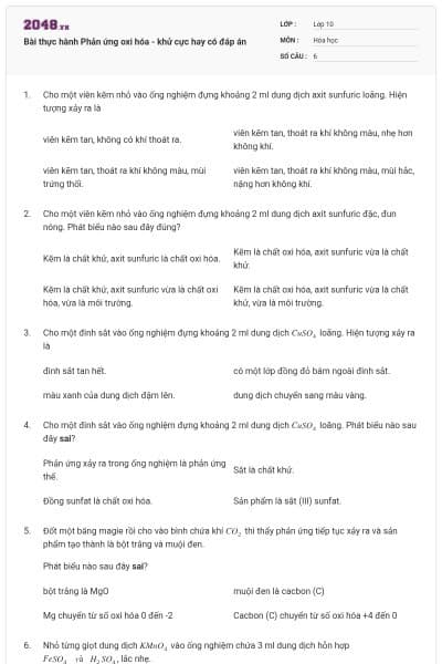 Bài thực hành Phản ứng oxi hóa - khử cực hay có đáp án