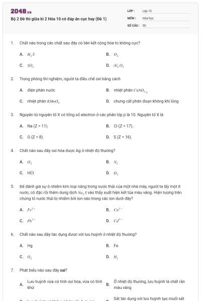 Bộ 2 Đề thi giữa kì 2 Hóa 10 có đáp án cực hay (Đề 1)