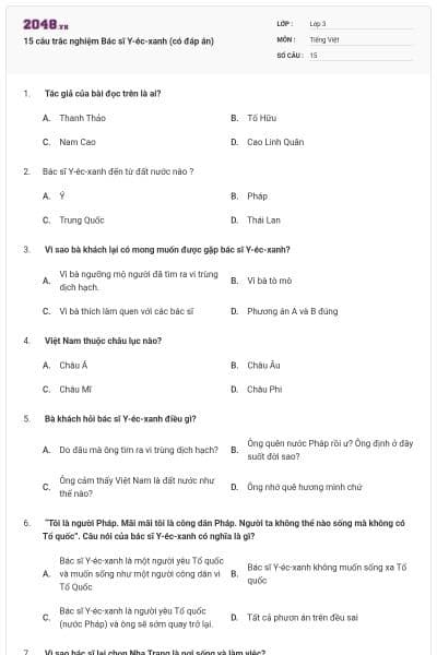 15 câu trắc nghiệm Bác sĩ Y-éc-xanh (có đáp án)