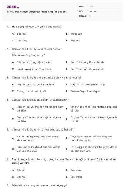 11 câu trắc nghiệm Luyện tập (trang 131) (có đáp án)