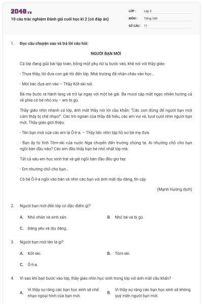 10 câu trắc nghiệm Đánh giá cuối học kì 2 (có đáp án)