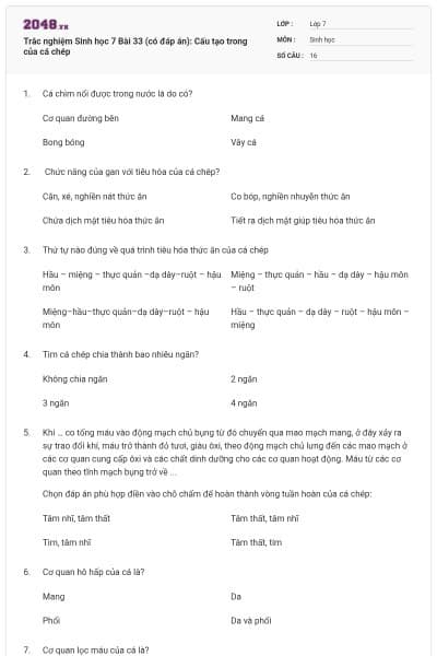 Trắc nghiệm Sinh học 7 Bài 33 (có đáp án): Cấu tạo trong của cá chép