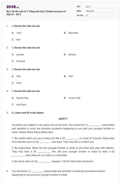 Bộ 5 đề thi cuối kì 2 Tiếng Anh lớp 5 Global success có đáp án - Đề 2