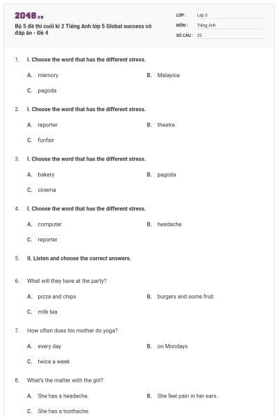 Bộ 5 đề thi cuối kì 2 Tiếng Anh lớp 5 Global success có đáp án - Đề 4
