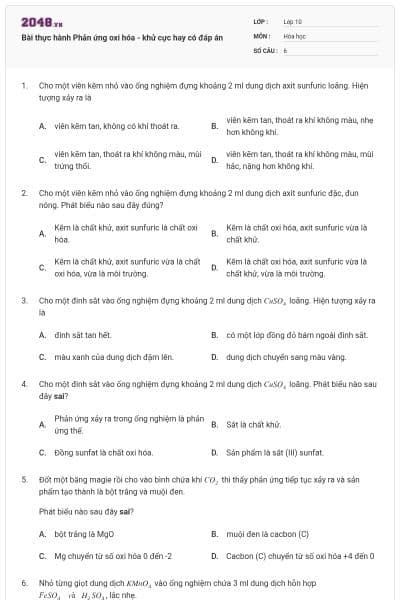 Bài thực hành Phản ứng oxi hóa - khử cực hay có đáp án