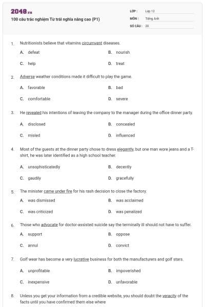 100 câu trắc nghiệm Từ trái nghĩa nâng cao (P1)