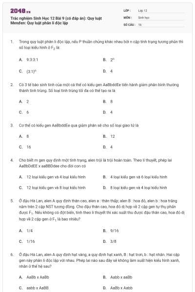 Trắc nghiệm Sinh Học 12 Bài 9 (có đáp án): Quy luật Menđen: Quy luật phân li độc lập