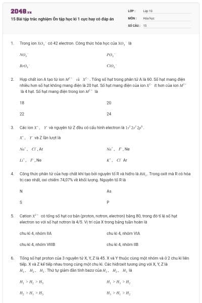 15 Bài tập trắc nghiệm Ôn tập học kì 1 cực hay có đáp án