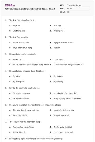 1300 câu trắc nghiệm tổng hợp Dược lý có đáp án - Phần 1